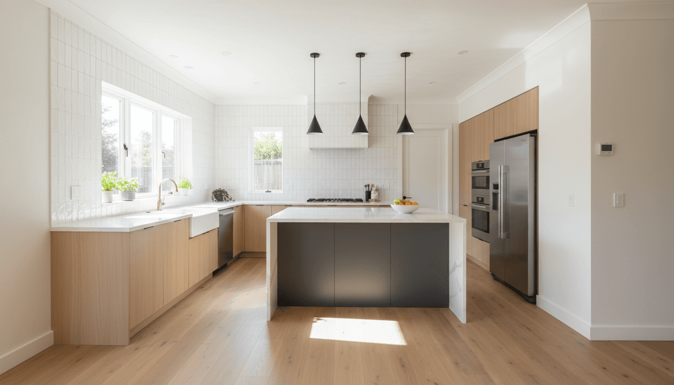 Completed kitchen renovation with new flooring and finishes
