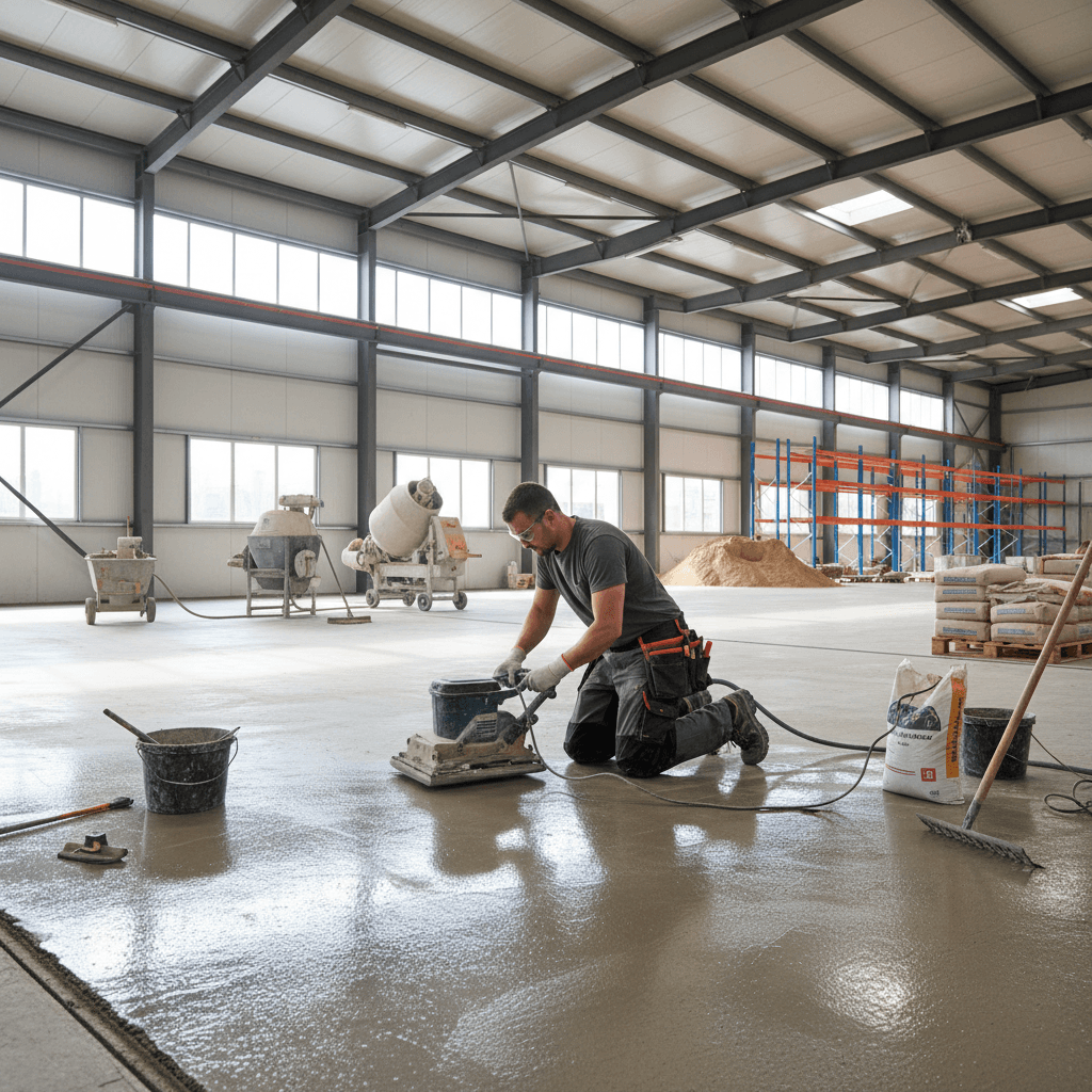 Contractor performing concrete work on residential floor