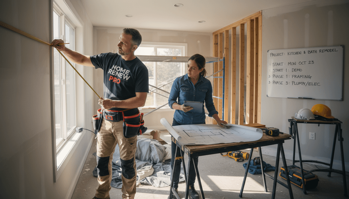 Contractor measuring wall space during home renovation planning