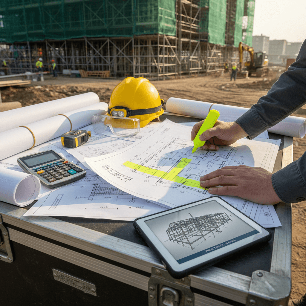 Professional contractor examining construction plans on a residential renovation project