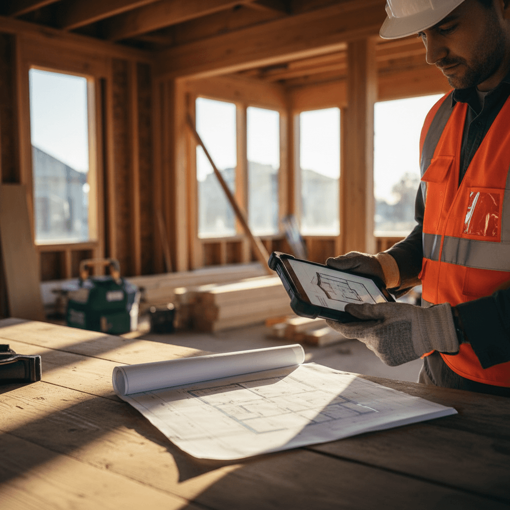 General contractor reviewing project plans at construction site