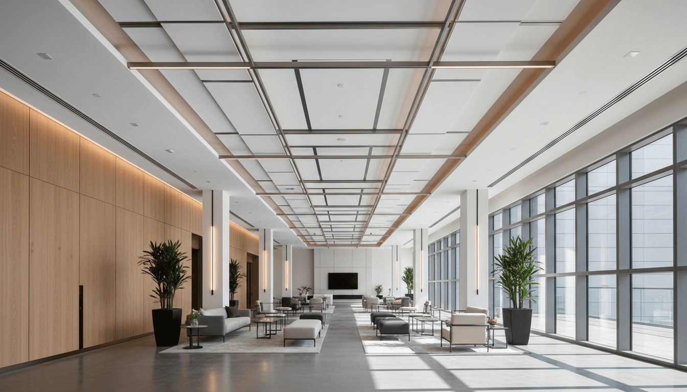 Completed commercial renovation project showcasing flooring and ceiling work