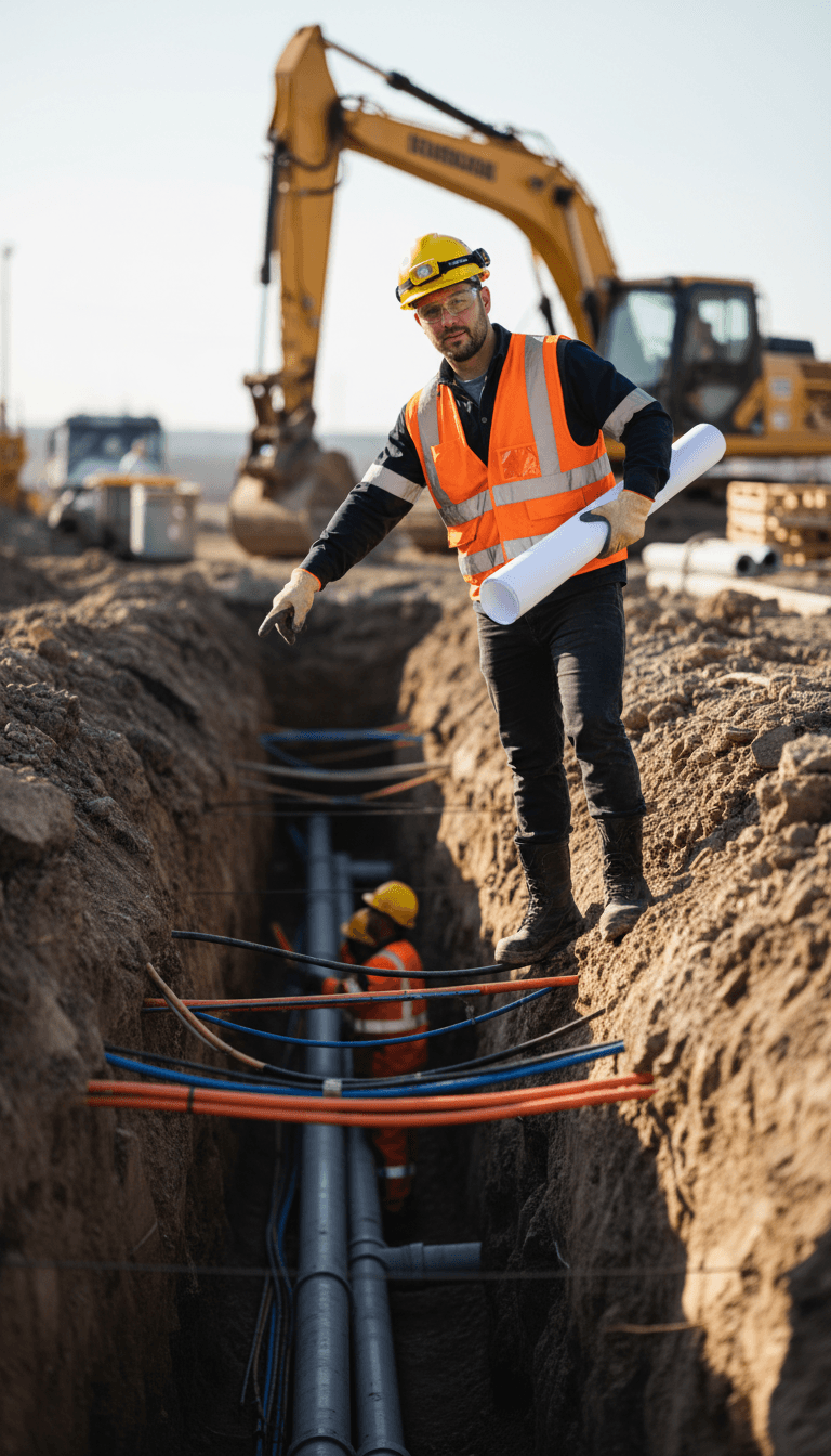 Professional contractor reviewing project plans on site