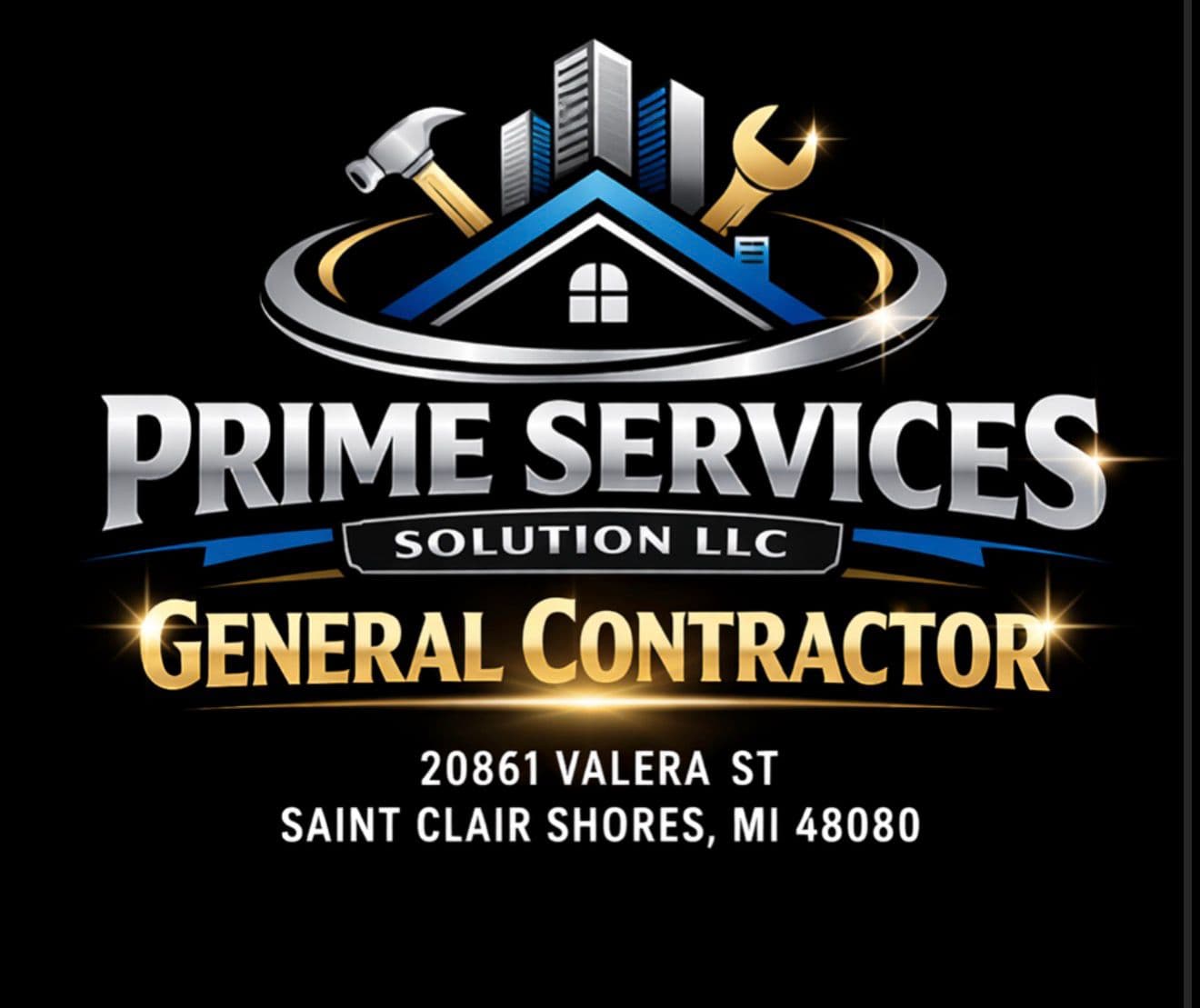 Prime Services Solution LLC General Contractor logo featuring house, tools, and Saint Clair Shores address.